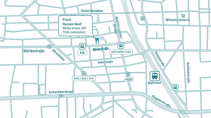 Anfahrt Zahnarztpraxis mit Bus, Bahn und PKW in Ludwigsburg