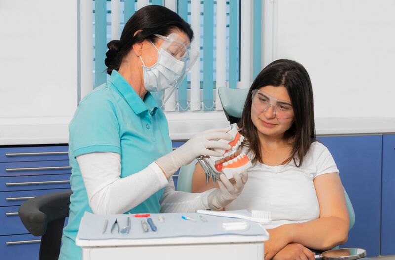 Beratung einer Patientin anhand eines Kiefergelenks-Modells